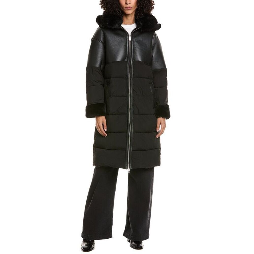 Sam Edelman Black Quilted Puffer Ski Coat with Faux Fur Trim